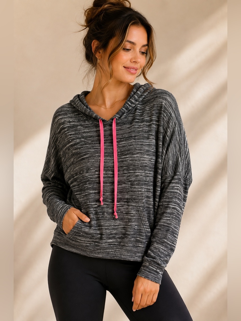 Ginger G Gray Marled Hooded Dolman Pullover Top Pink Drawstring XS